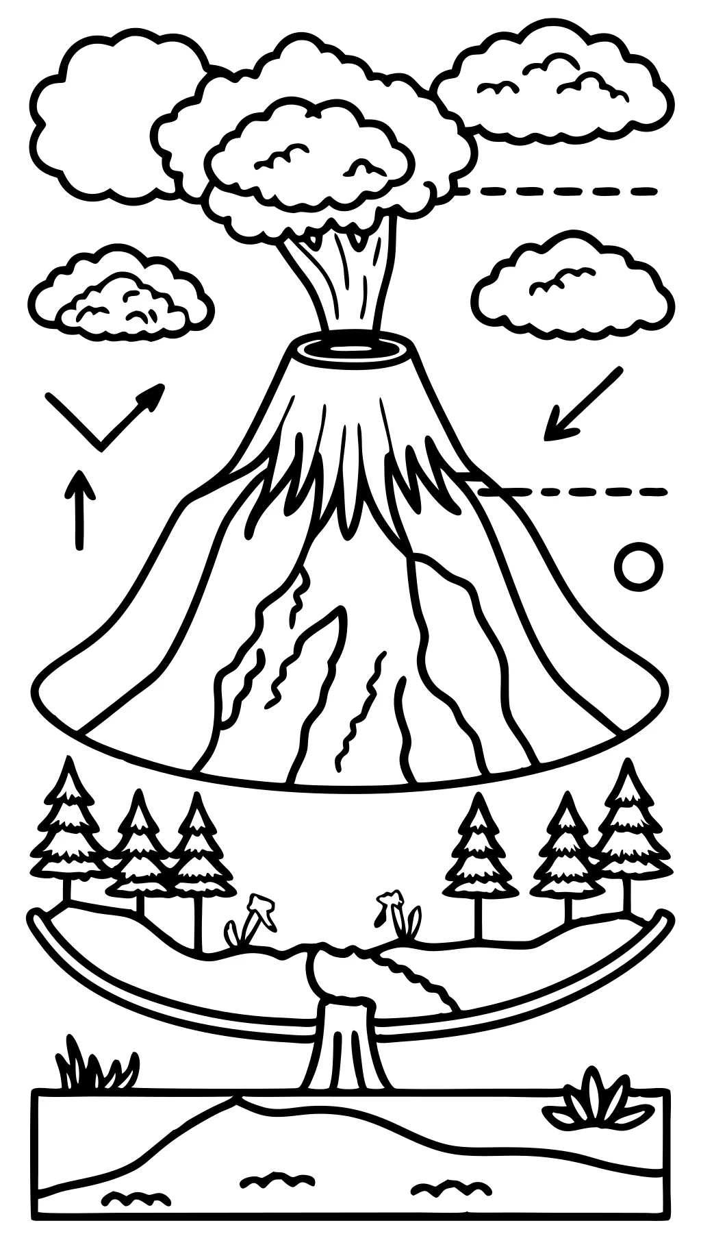 Página para colorear del volcán y diagrama